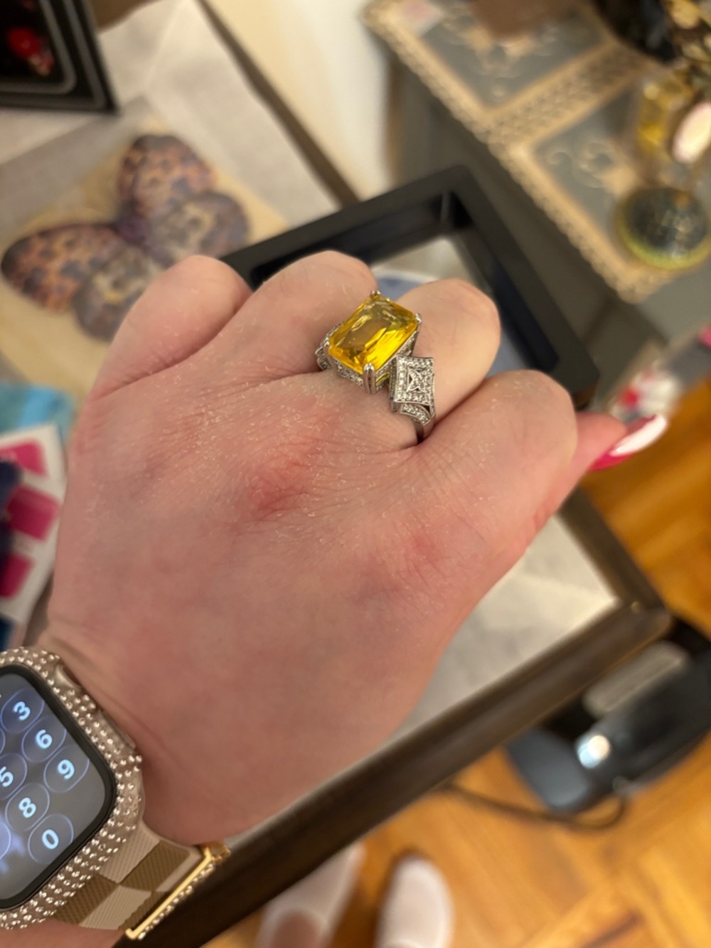 Huitan Yellow and Silver Princess-Cut Halo Ring - Picture 3 of 3
